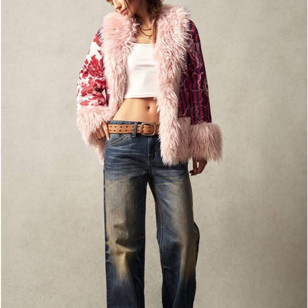 Boho Faux Fur Floral Print Long Sleeve Jacket Coat - Picture 5 of 9